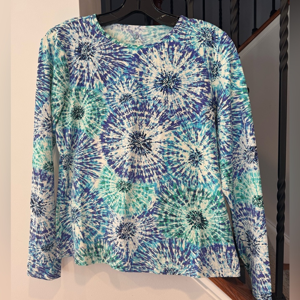 Lands' End Blue and Green Tye-Dye Burst Long Sleeve Spandex Tee Small